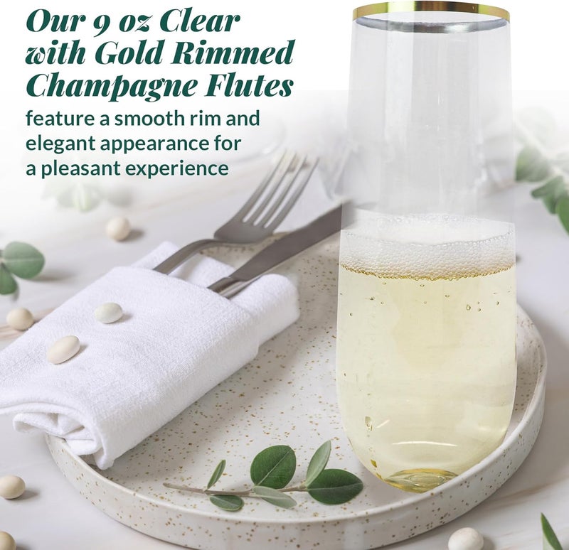 Reli. . Plastic Champagne Flutes (50 Pack, 9oz) Clear w/Gold Rim, Stemless | Disposable Champagne Flutes for Champagne, Mimosa, Cocktail, Wedding | BPA-Free Champagne Glasses Plastic, Shatterproof - Image 3